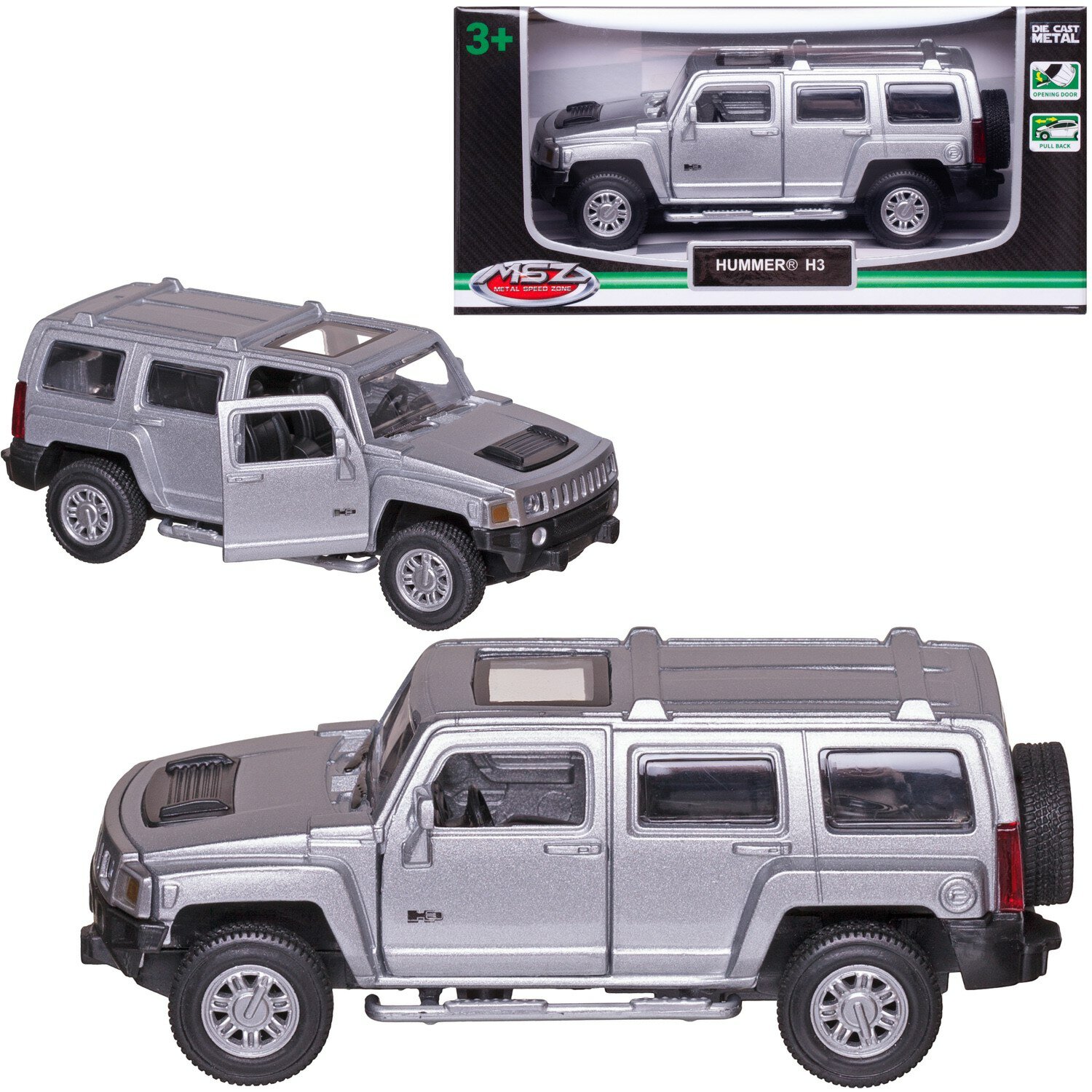 Машинка металлическая MSZ серия 1:43 Hummer H3 цвет серебристый, инерционный механизм, двери открываются WE-15944S