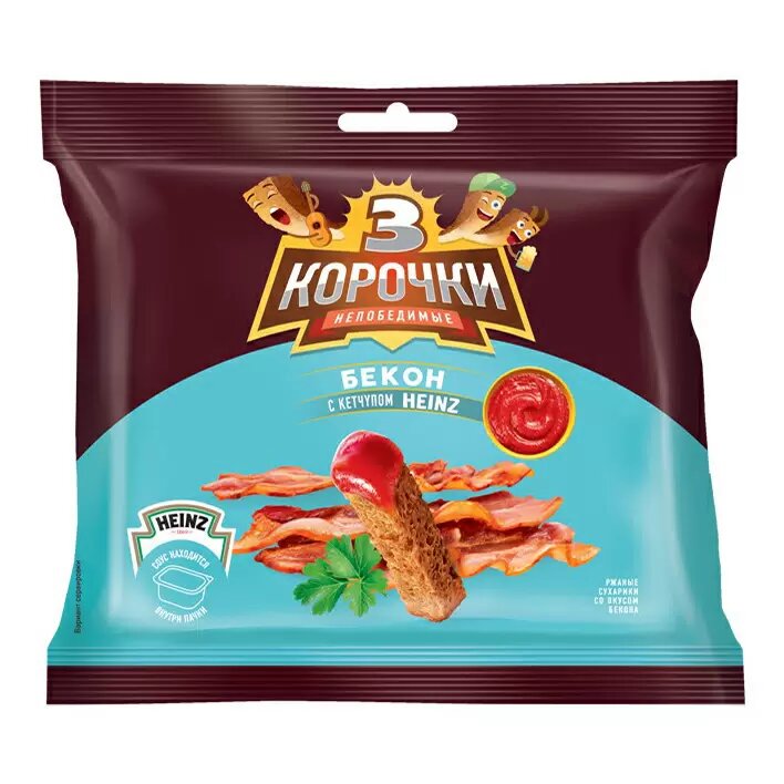 Сухарики 3 Корочки ржаные, Бекон Кетчуп Хайнц, 60г+25г по 30шт