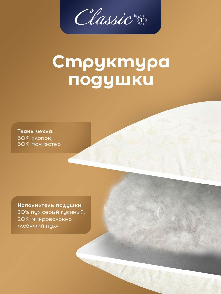 Classic by T Подушка для сна "Синти" натуральный гусиный пух, микроволокно "Лебяжий пух", 50x70 — фото 1