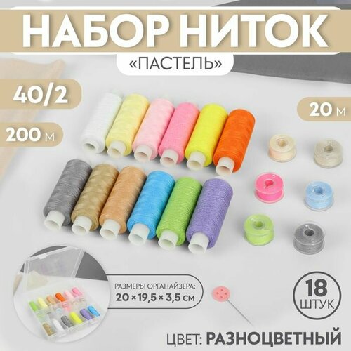 Набор ниток Пастель 402 200 м 18 шт в органайзере цвет разноцветный 1043₽