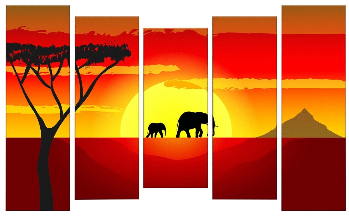 Картина модульная Картиномания "Африканский закат с силуэтами слонов" размер 140х90 см