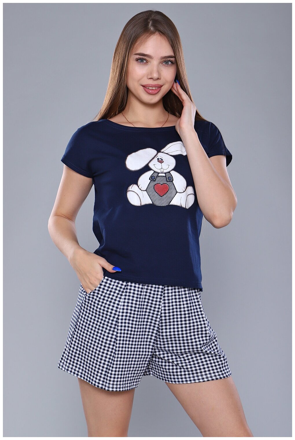 Женский домашний костюм/ пижама (футболка+ шорты) в клетку темно-синего цвета, размер 54 - фотография № 6