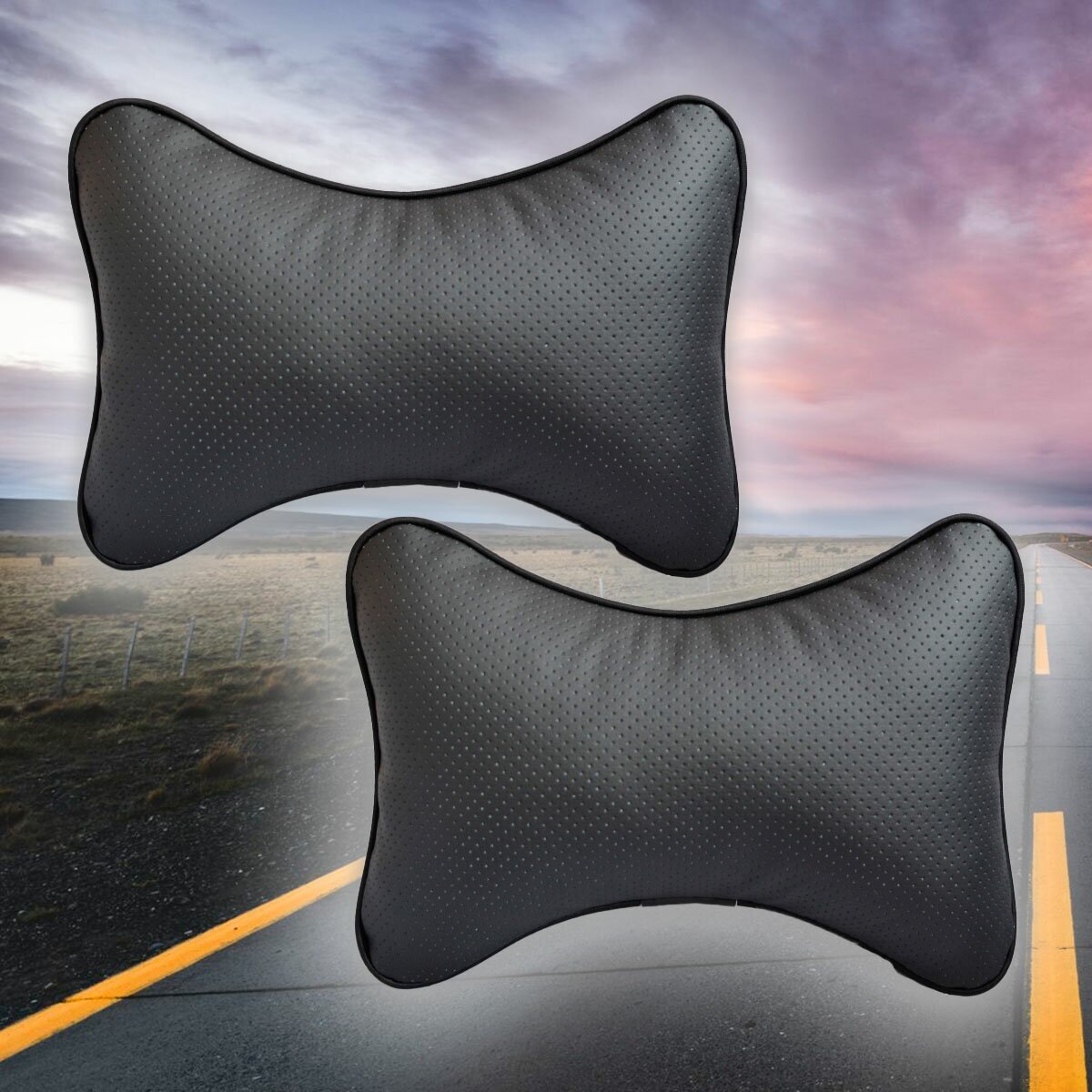 Комплект автомобильных подушек под шею на подголовник из черной перфорированной экокожи (2 подушки)