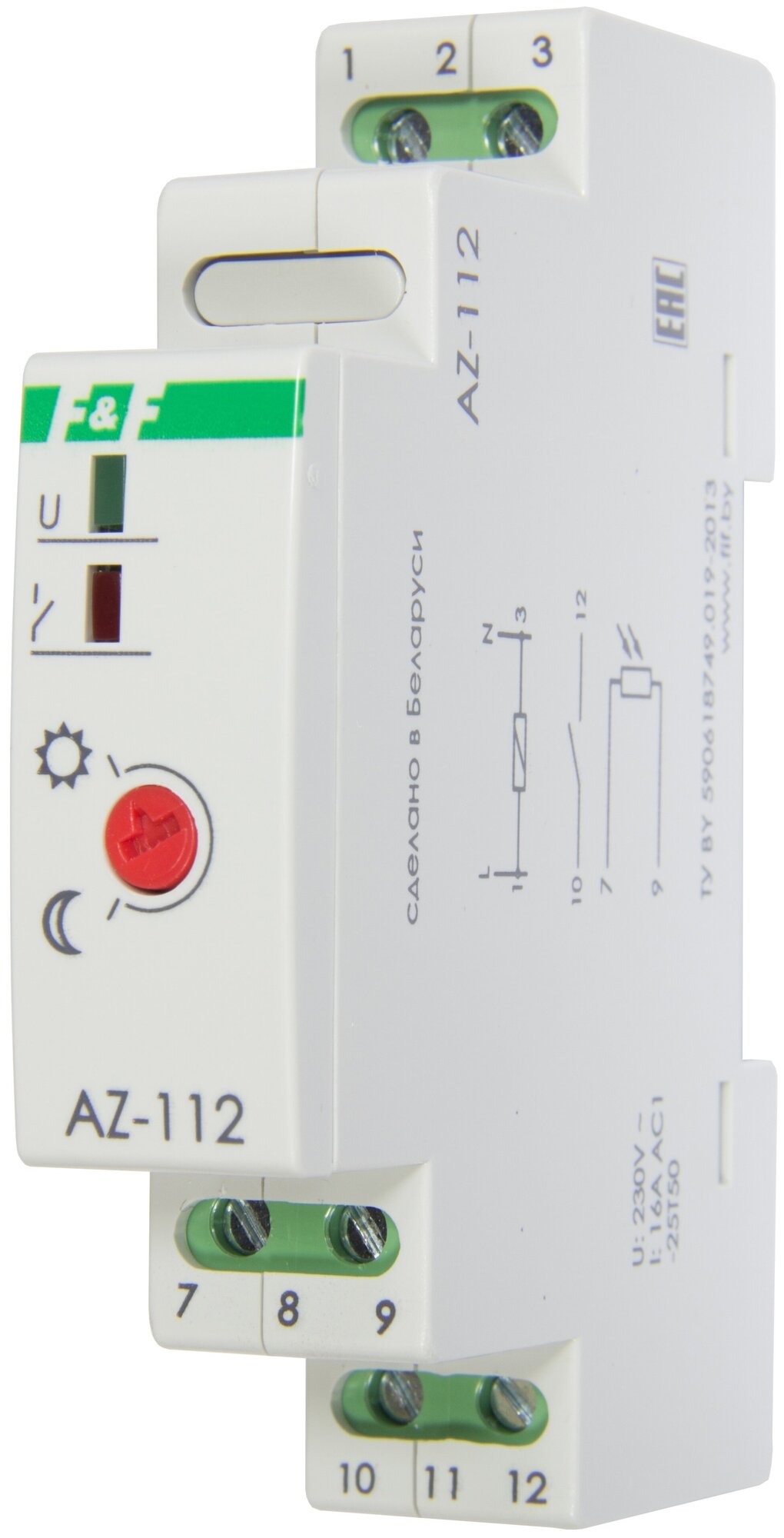 Фотореле AZ-112 (выносной герметичный фотодатчик монтаж на DIN-рейке 1 модуль 230В 16А) F&F EA01.001.013 ( 1шт. )