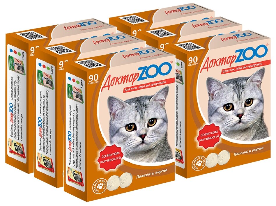 Кормовая добавка Доктор ZOO для кошек Со вкусом копченостей и биотином , 90 таб. х 6 уп.