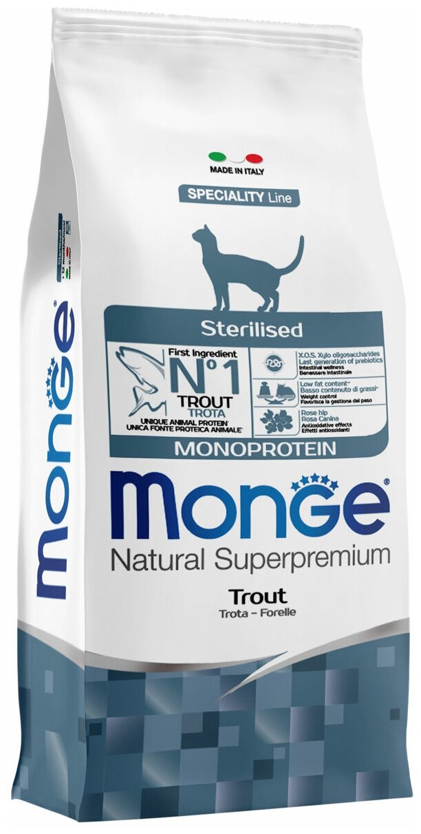 Сухой корм для стерилизованных кошек Monge Natural Superpremium Monoprotein Sterilised Trout, с форелью, 2 шт. х 10 кг