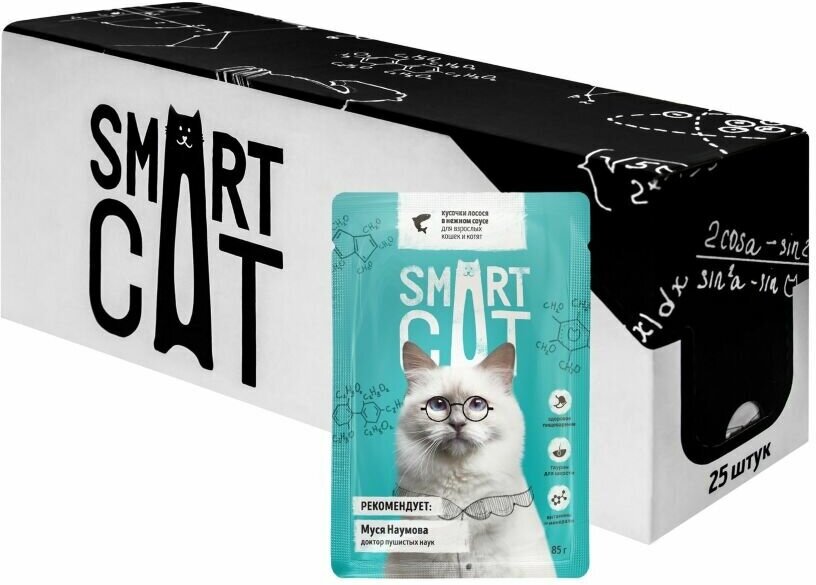 Корм Smart Cat для кошек и котят кусочки лосося в соусе, 85 г x 25 шт - фотография № 14