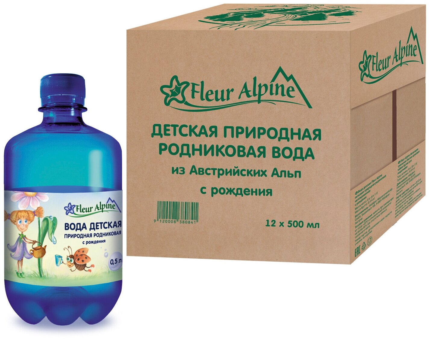 Спайка Вода детская Fleur Alpine природная родниковая, негазированная, с рождения, 0.5 л, 12 штук.