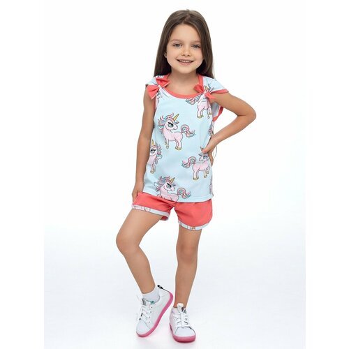 Комплект одежды Дети в цвете, футболка и шорты, повседневный стиль, размер 28-104, голубой, коралловый