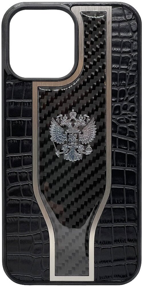Чехол с гербом РФ кожа-карбон Wave для iPhone 15 Pro Max, iGrape (Черный)