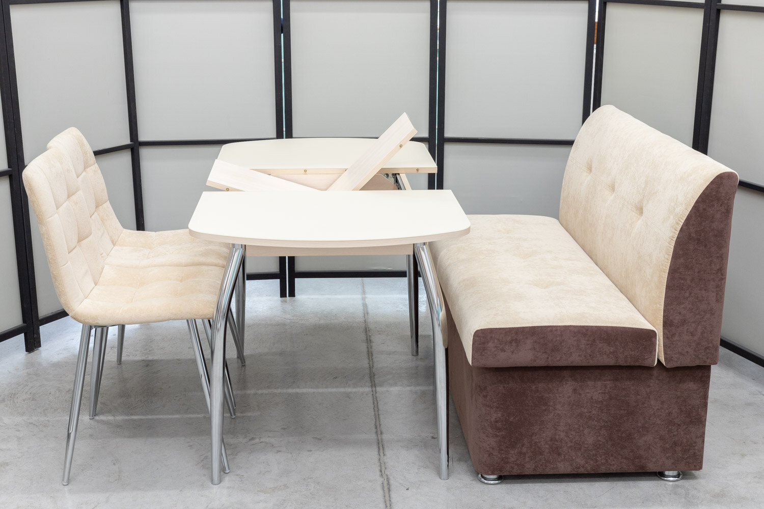Обеденная группа Тетра-1 Дуо, стол матовое стекло, 110(140)х70 см, обивка дивана антивандальная, моющаяся, антикоготь, цвет кремовый, коричневый - фотография № 9