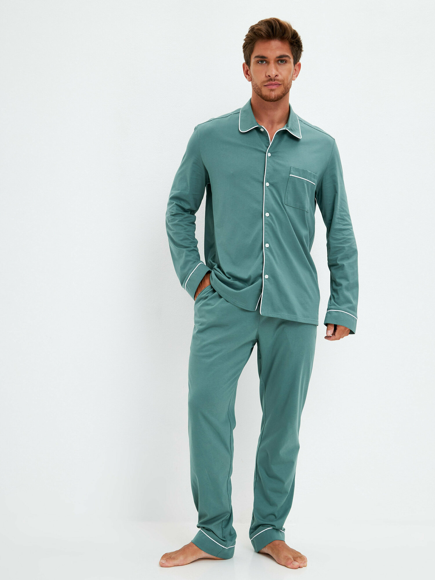 Пижама мужская классическая Ihomewear Серо-зеленый с брюками со штанами хлопковая c длинным рукавом (176-182, XL) - фотография № 2