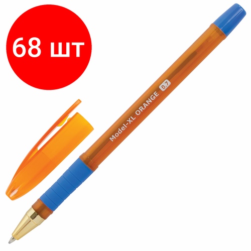 Комплект 68 шт, Ручка шариковая масляная с грипом BRAUBERG Model-XL ORANGE, синяя, узел 0.7 мм, линия 0.35 мм, 143246