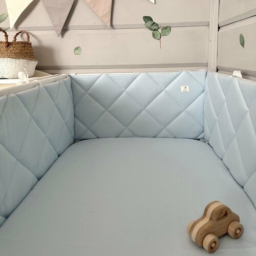 Бортики в кроватку для новорождённых стеганые MamiBro, 100% хлопок, 60х30 см - 2 шт, 120х30 см - 2 шт, голубой