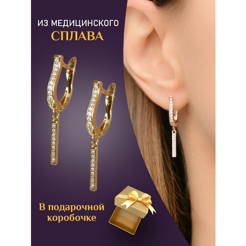 Комплект серег SLOVALIO Серьги классические палочки, фианит, размер 35 мм, золотой