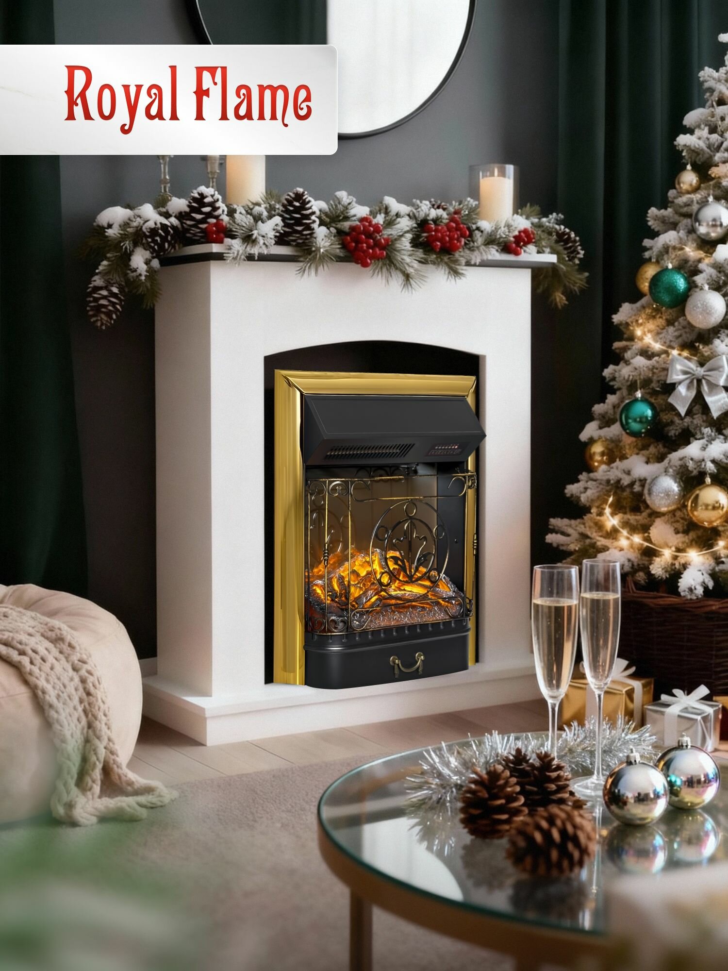 Камин электрический Royal Flame BARCELONA белый с очагом Majestic FX Brass  с эффектом реального пламени  ЛДСП  звуком потрескивания дров и обогревом 2 кВт