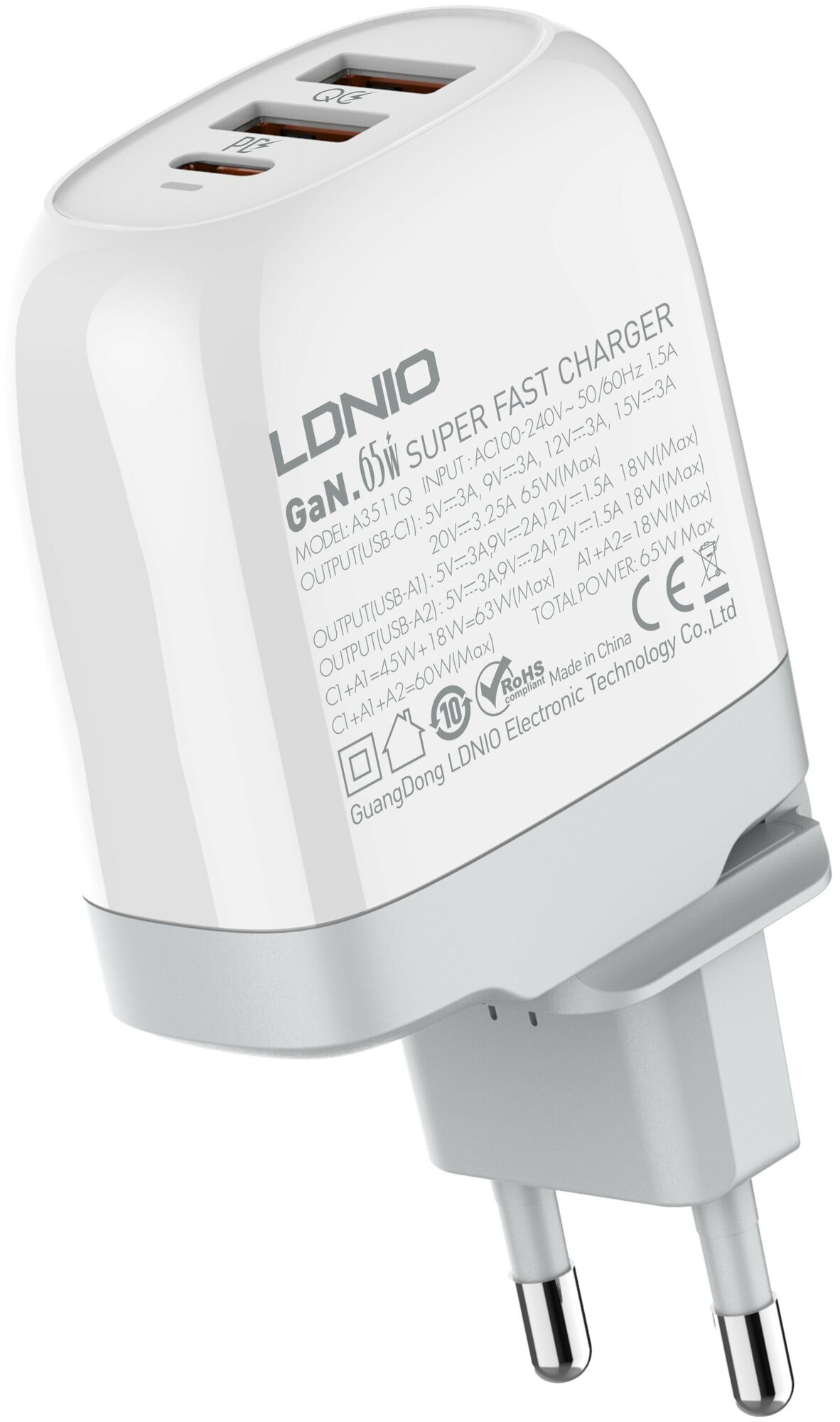 LDNIO A3511Q LD C3460 Сетевое ЗУ GaN + Кабель Type-C PD+PPS+SCP+QC 4+ 3 USB Вых: 3.3-20V, max 65W White