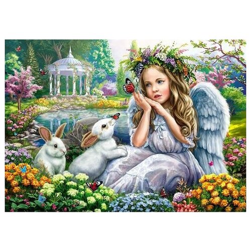 Алмазная мозаика, блестящая Ангел с кроликами, 30х40 см (с частичным заполнением, на картоне)