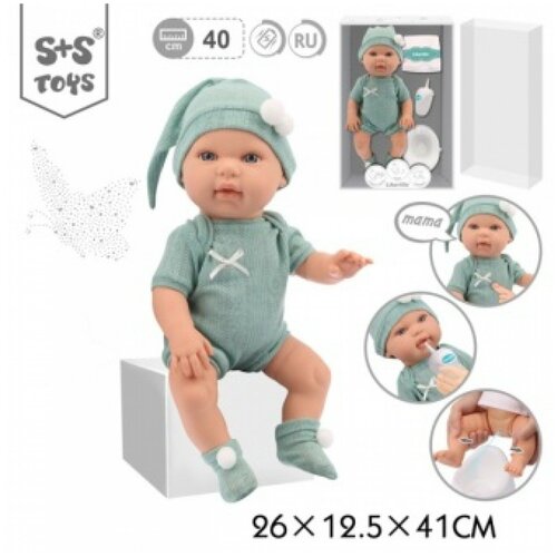 пупс s s toys любимая игрушка в платье звуковой 30 см 101023574 S+S Toys Пупс 40 см в зеленом комбинезоне с аксессуарами 3760/200541741/SR099 с 3 лет