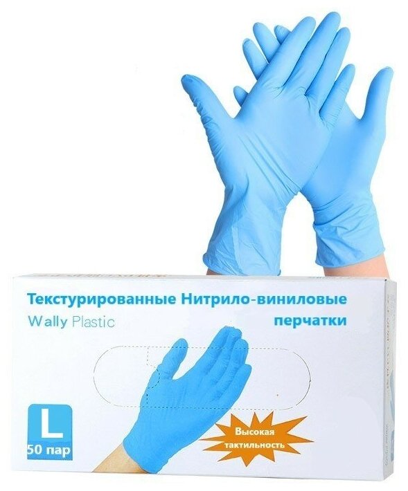 Перчатки Wally Plastic нитриловые, 50 пар, размер L, цвет синий