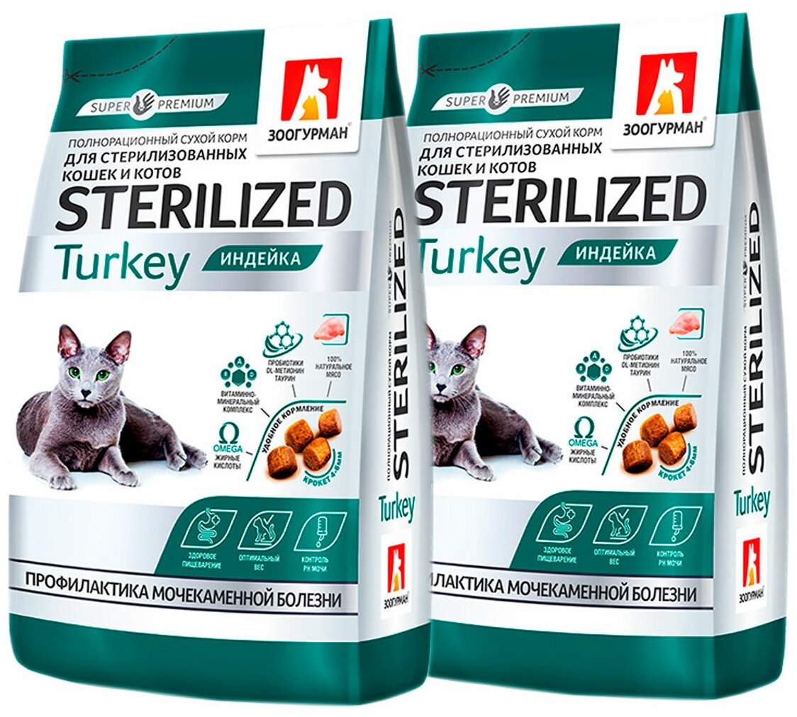 ZOOGURMAN STERILIZED для взрослых кастрированных котов и стерилизованных кошек с индейкой (0,35 + 0,35 кг)