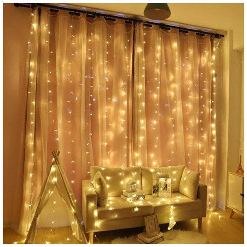 фото Новогодняя светодиодная гирлянда штора / занавес / дождик с контроллером и коннектором 3 х 3 м теплый белый baziator