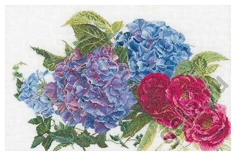 Набор для вышивания Гортензии и розы, канва лён 32 ct 46 х 30 см THEA GOUVERNEUR 442