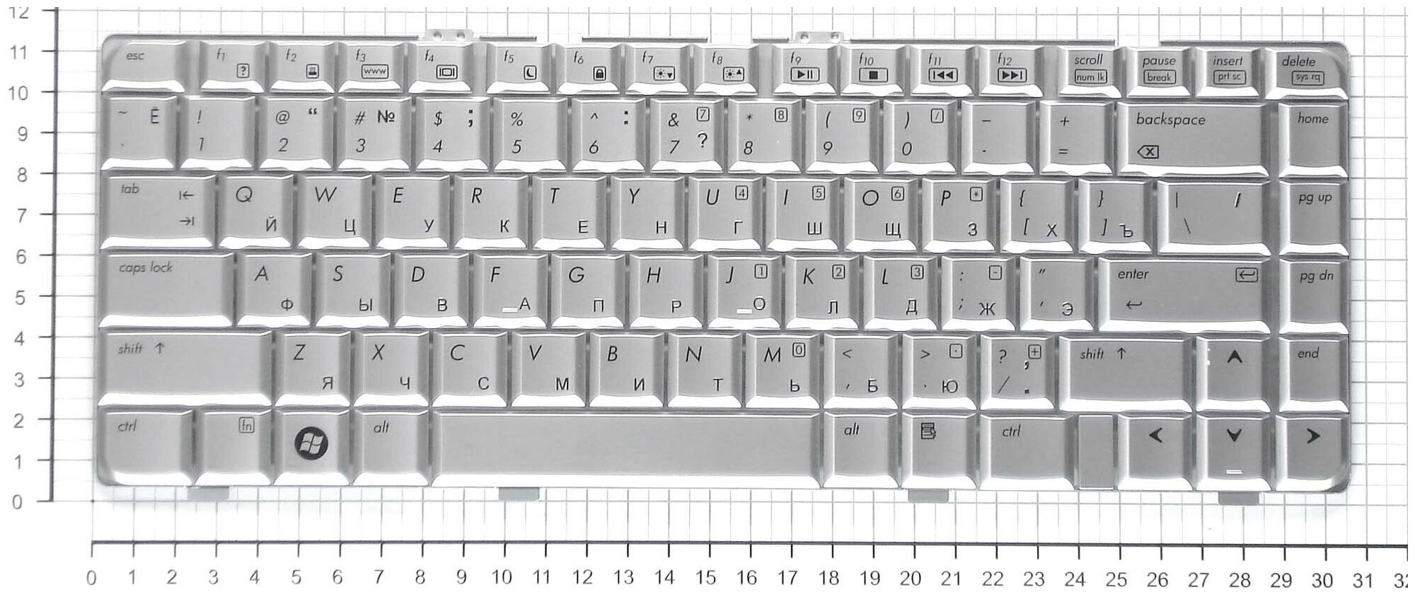 Клавиатура для ноутбука HP Pavilion DV6700 серебристая без рамки плоский Enter