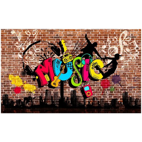 Фотообои Уютная стена Граффити на тему музыки на стене 450х270 см Бесшовные Премиум (единым полотном)
