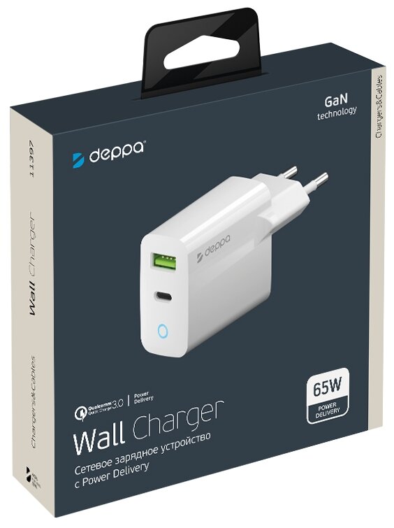 Сетевое зарядное устройство DEPPA 65W, USB + USB type-C, 8-pin Lightning (Apple), 3A, белый - фото №7