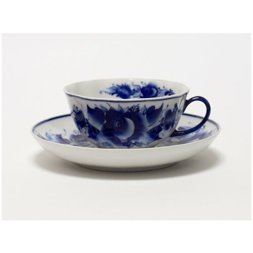 Чашка с блюдцем чайная. Гжельская мануфактура. Форма Тюльпан. Рисунок Роза. 220 мл.