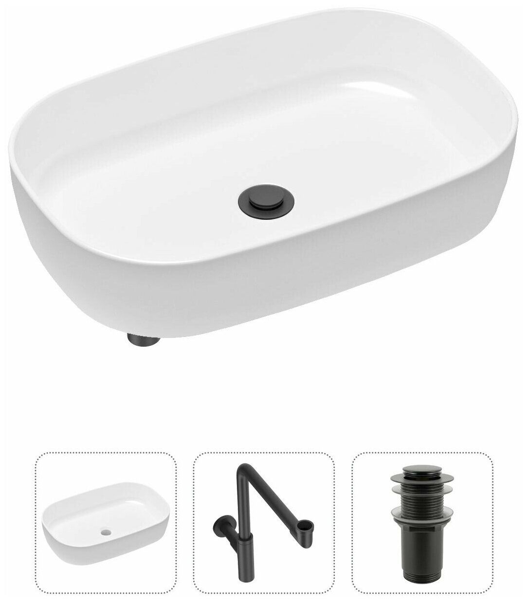 Накладная раковина в ванную Lavinia Boho Bathroom Sink Slim 21520101 в комплекте 3 в 1: умывальник белый, донный клапан и сифон в цвете матовый черный