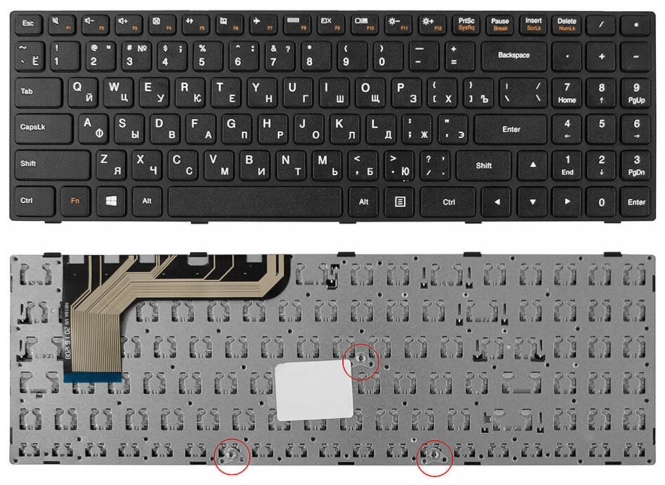 Клавиатура для ноутбука Lenovo 5N20J30779 черная с черной рамкой плоский Enter смещенное крепление 930₽