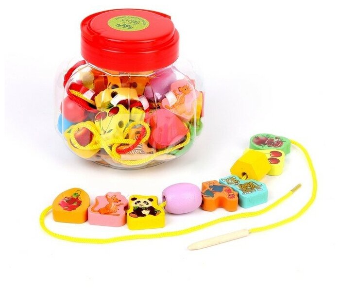 Шнуровка в банке 40 деталей "Цветы,фигуры,сердца", 2 иглы дерев , 2 шнурка, цвета микс, шнурок 90 см .