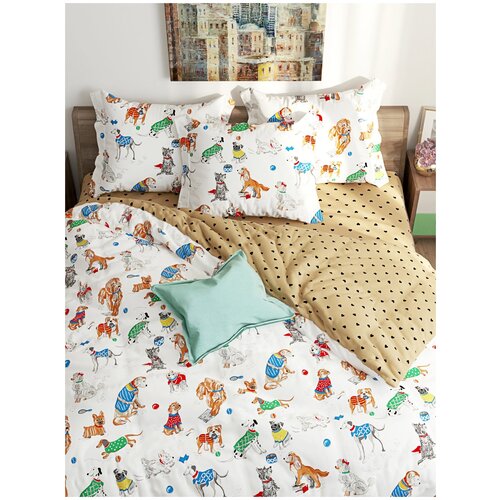 фото Постельное белье сказка "dogs on white" 1,5-сп на молнии наволочка 50х70 см 2 шт простынь на резинке 90х200 см пододеяльник 145х215 см