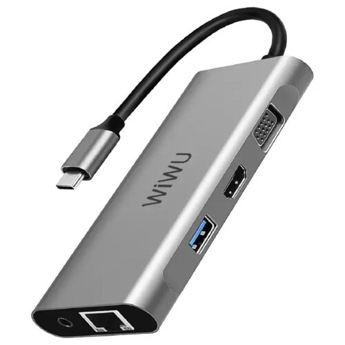 Хаб USB Wiwu Alpha A11312H Type-C - 3xUSB / 2xHDMI / VGA / RJ45 / AUX 3.5 Grey 6973218930145 type c to usb c usb3 0 4k hdmi 3 in 1 hdtv adapter converter for macbook android cable adapter converter for hdtv 1080p hdmi