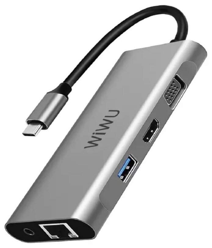 Хаб WiWU Alpha A11312H Type-C to 3 x USB + 2 x HDMI + VGA + RJ45 + AUX 3.5 + Cardreader 10 in 1 Adapter Grey