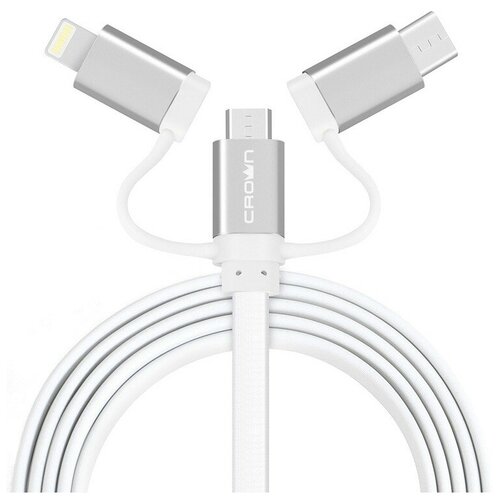 Кабель 3 в 1 с разъемом Apple Lightning/micro-USB/Type C (1м, в оплетке, стальные коннекторы) Crown CMCU-3182 белый