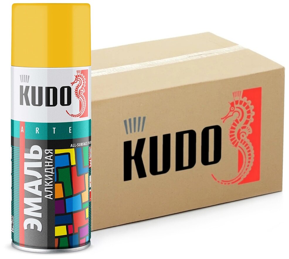 Краска универсальная KUDO, желтый, аэрозоль, 520 мл, комплект 12 шт.