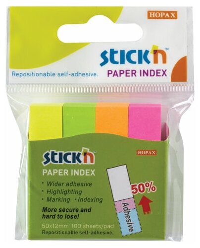 Закладки клейкие HOPAX неоновые бумажные 12х50 мм 4 цвета х 100 листов европодвес, 8 шт