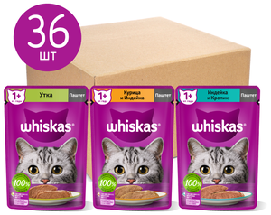 Влажный корм для стерилизованных кошек Whiskas с уткой, с курицей, с индейкой, с кроликом 36 шт. х 75 г (паштет)