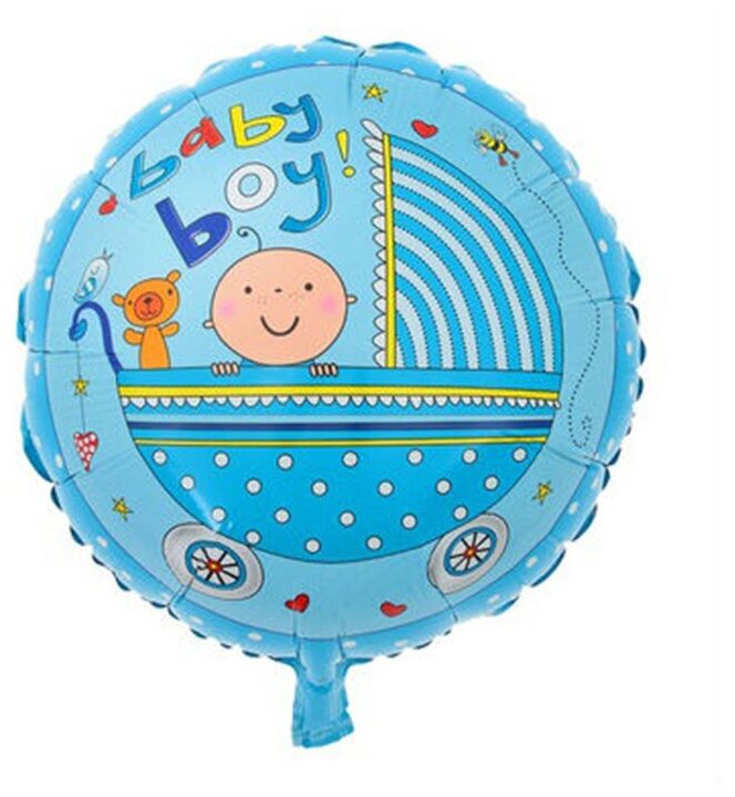 Надувной шар фольгированный "Малыш в коляске" голубого цвета с ярким рисунком, на встречу из роддома для новорожденного мальчика или вечеринку baby shower, 2 штуки