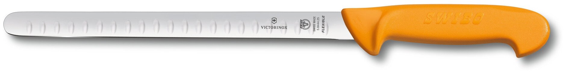 Нож для нарезки лосося VICTORINOX Swibo, гибкое лезвие 25 см с желобками, жёлтый Victorinox MR-5.8444.25