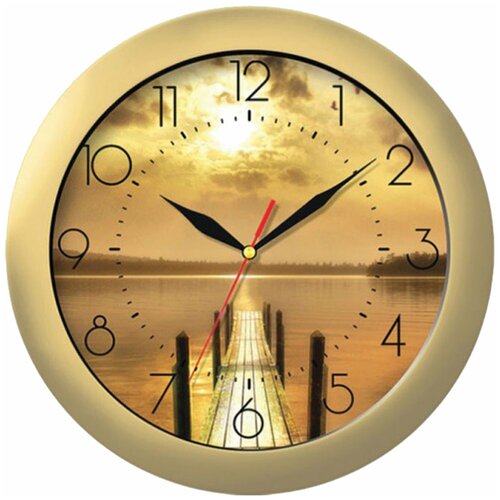 фото Часы настенные troyka круг, с рисунком "закат", золотая рамка, 29*29*3,5 см (11171146) тройка