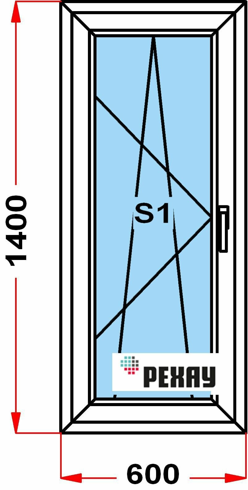 Окно из профиля РЕХАУ BLITZ (1400 x 600) 143, с поворотно-откидной створкой, 2 стекла, левое открывание