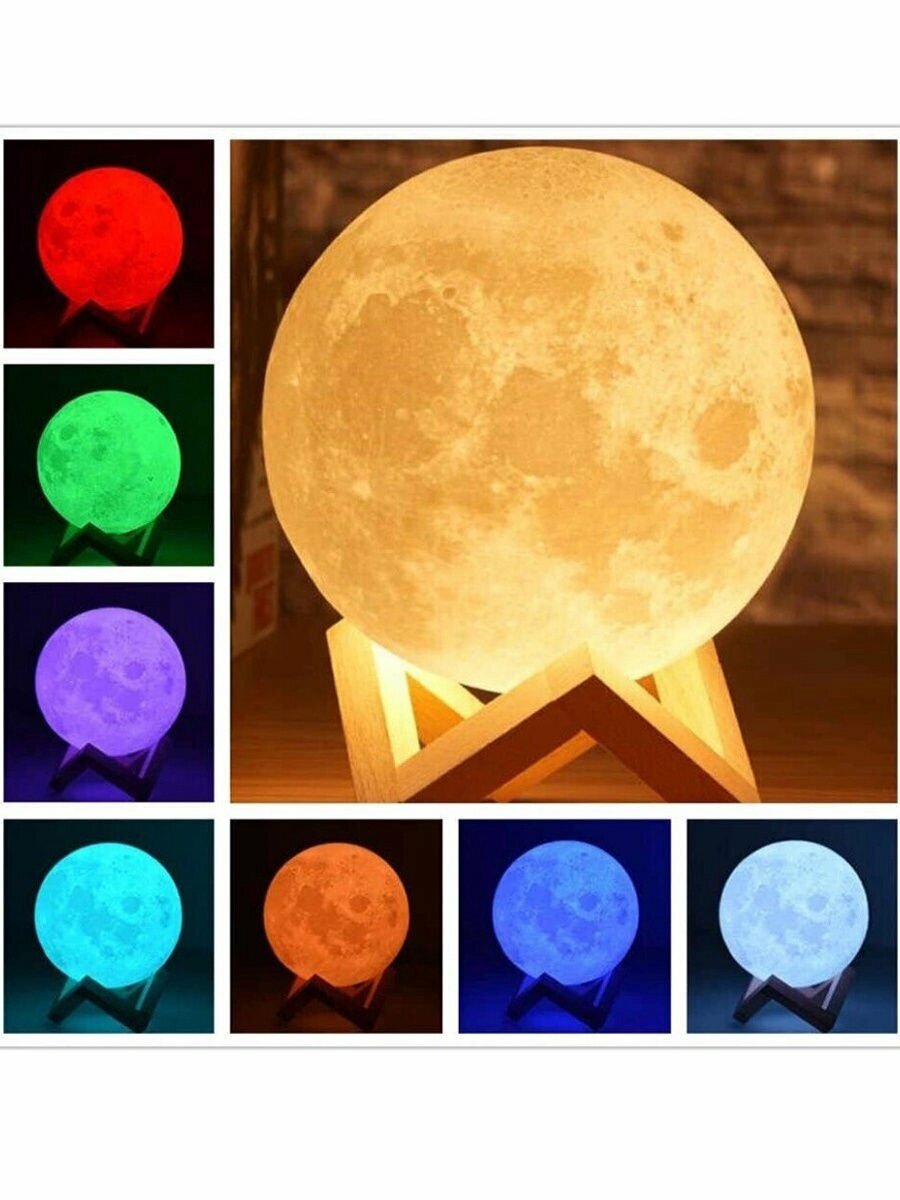 Реалистичный ночник 3D Moon Lamp / Настольный светильник Луна 15 см, с сенсорным управлением, беспроводной (7 цветов; 3 режима) - фотография № 3