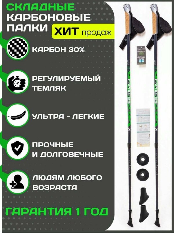 Палки для скандинавской ходьбы Finpole NOVA 30% Carbon с небыстросъемными темляками, серо-зеленые, регулируемый размер