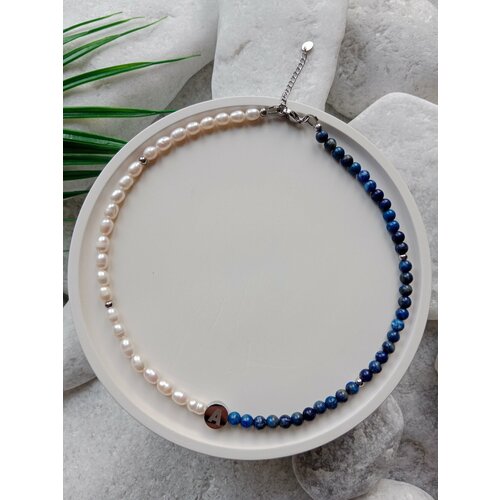 Чокер Академия Важности, жемчуг культивированный, лазурит, серебряный, синий