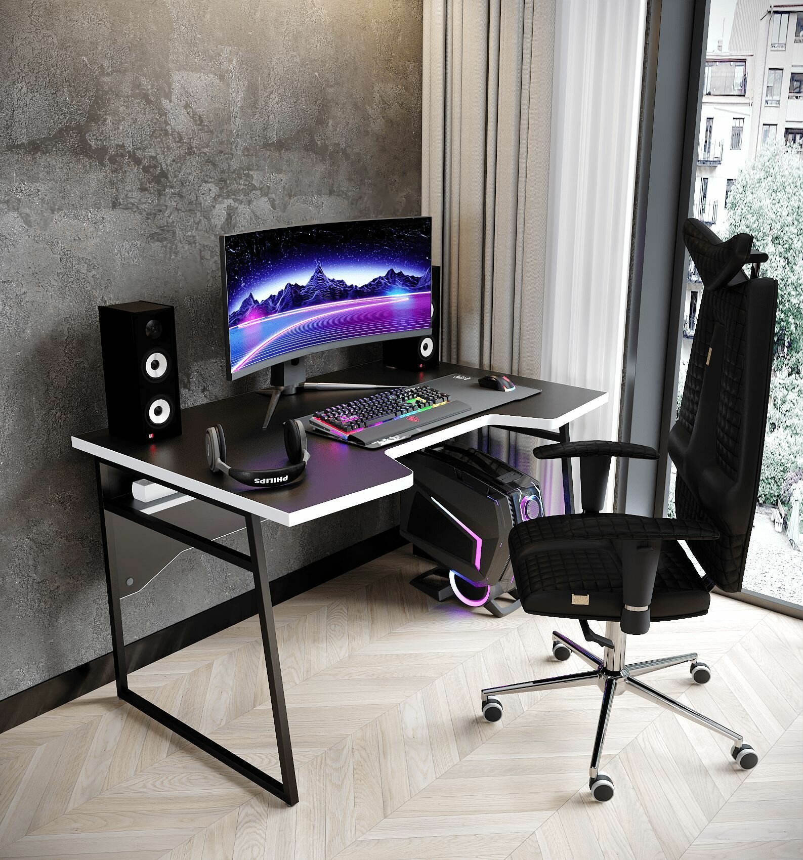 Стол компьютерный игровой, офисный, геймерский Expert черный/белый каркас металл для пк и ноутбука 117х77 см