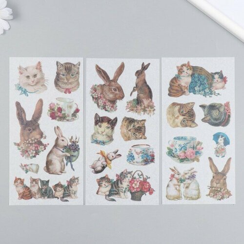 Наклейки для творчества бумага Кошечки и кролики набор 3 листа 10х20 см детские наклейки merimeri наклейки кролики с блестками